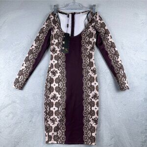 Kardashian Kollection Lace Print Side Sheath Dress Womens Size Small Dark Wine